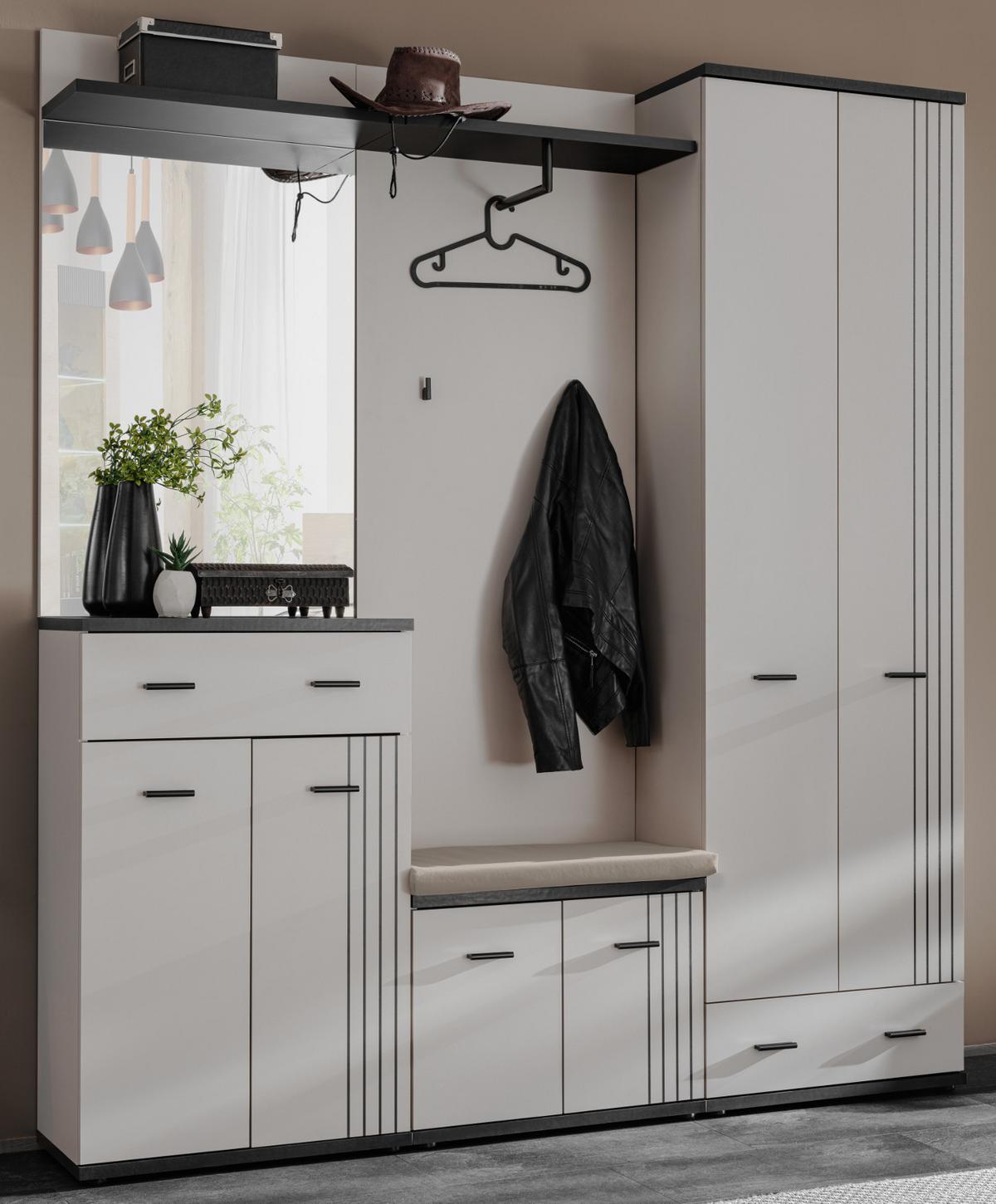 GARDEROBEN-SET Kaschmir, schwarz 5-teilig, Flurgarderobe 180 cm in modernem Design - Kaschmir/Schwarz, Glas/Holzwerkstoff (180/203/32cm) - Inn.Furn