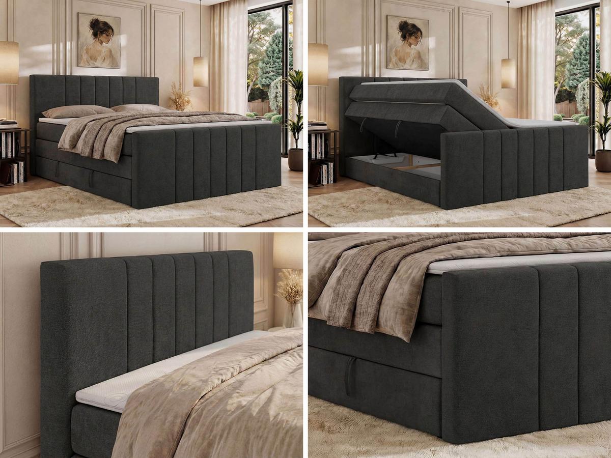 BOXSPRINGBETT INERO DUO KING 140/200 - Dunkelgrau Stukture - Topper Visco - H3 - Dunkelgrau/Schwarz, Kunststoff/Textil (140/200cm) - MKS