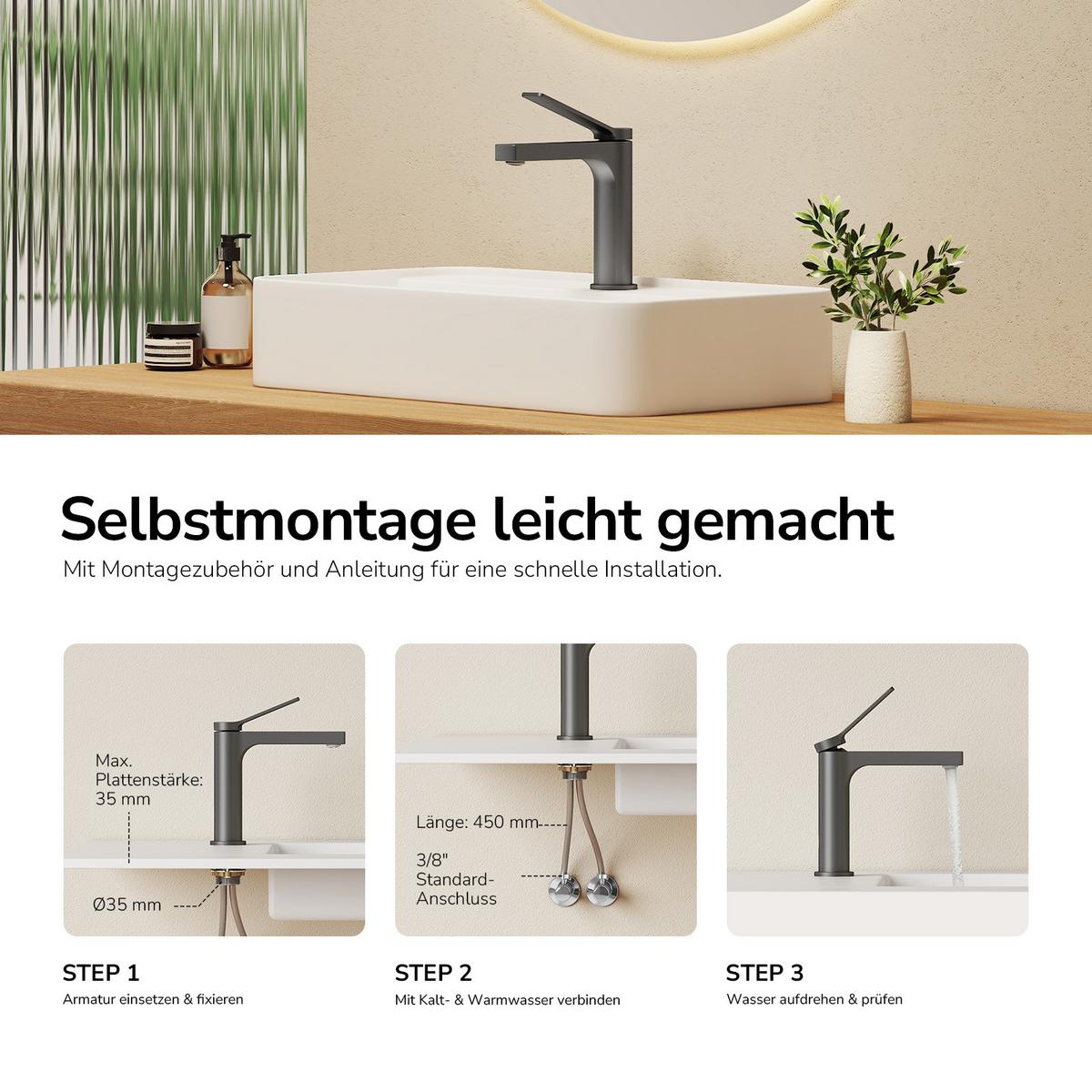 WASCHTISCHARMATUR Anthrazit 19,5/17,3/4,6 cm - Anthrazit, Metall (17.3/4.6/19.5cm) - EMKE