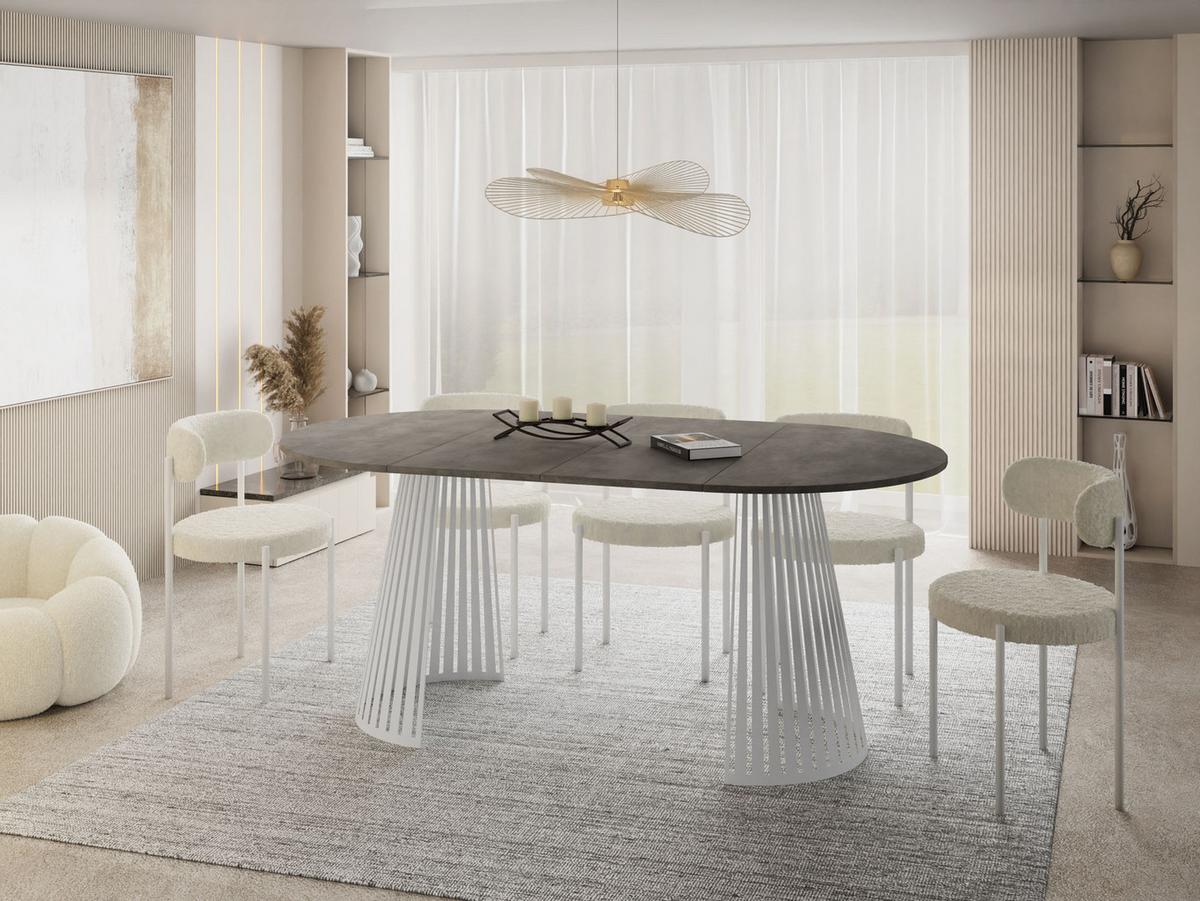 ESSTISCH Naro rund ausziehbar mit Weißem Lamellen-Metallgestell, Beton-Optik Dunkelgrau 120-200/120/76 cm - Dunkelgrau/Weiß, Holzwerkstoff/Metall (120/196/76cm) - WFL GROUP