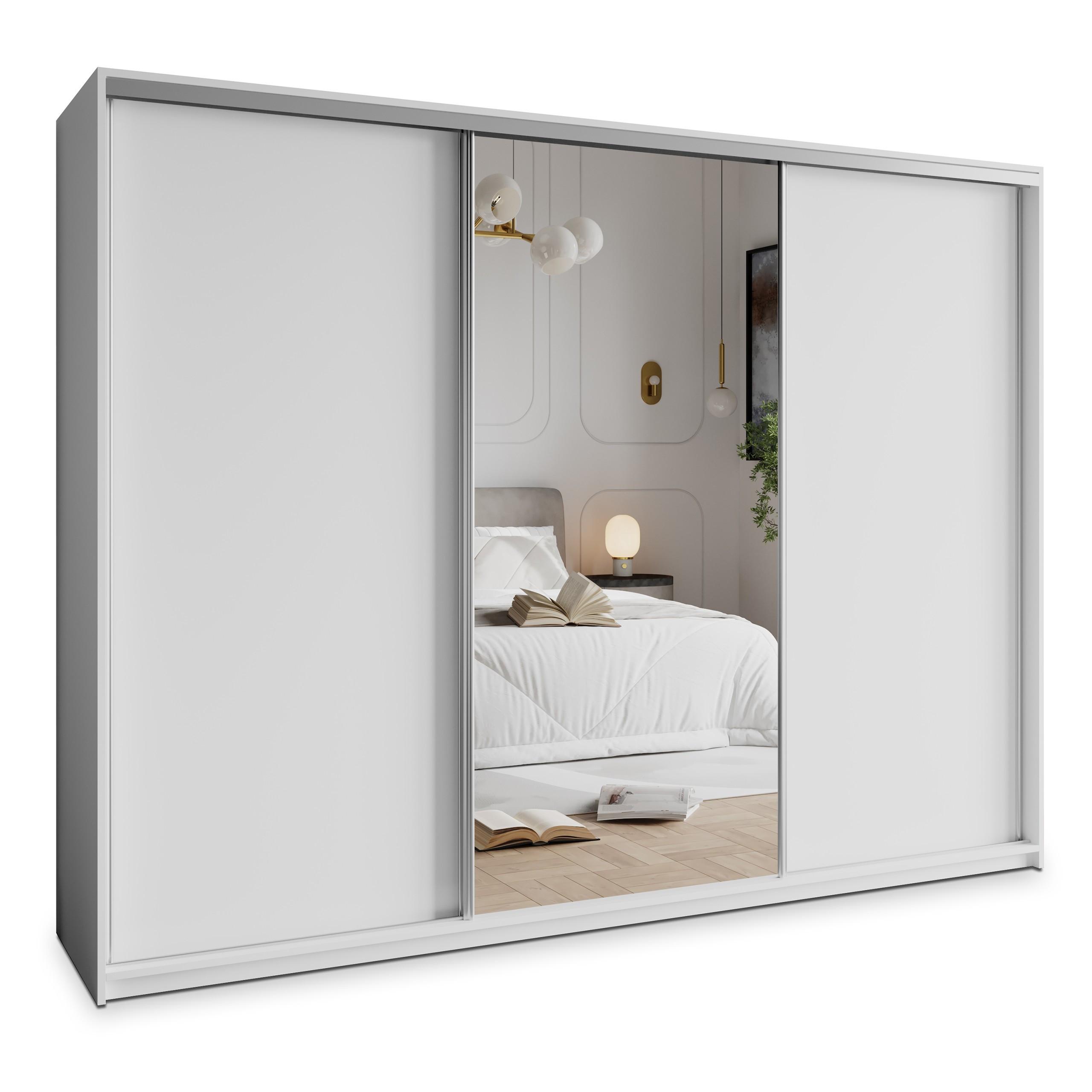 SCHWEBETÜRENSCHRANK TAVI 250/205/60 cm 3-türig mit Spiegel und Schubladen Weiß - Weiß/Nickelfarben, Holzwerkstoff (250/205/60cm) - MASSENO