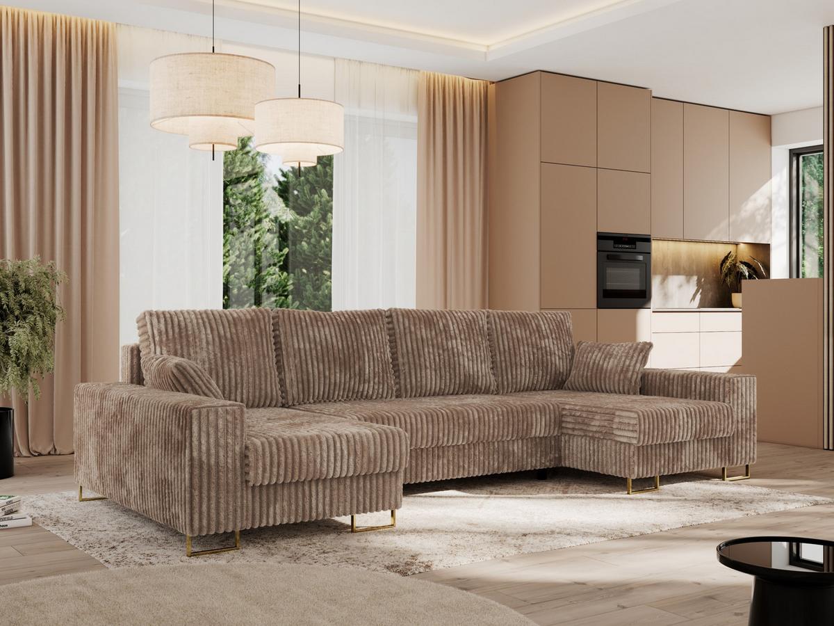 WOHNLANDSCHAFT DORIAN U Cord Braun - Goldfarben/Braun, Textil/Metall (312/85/138cm) - MKS