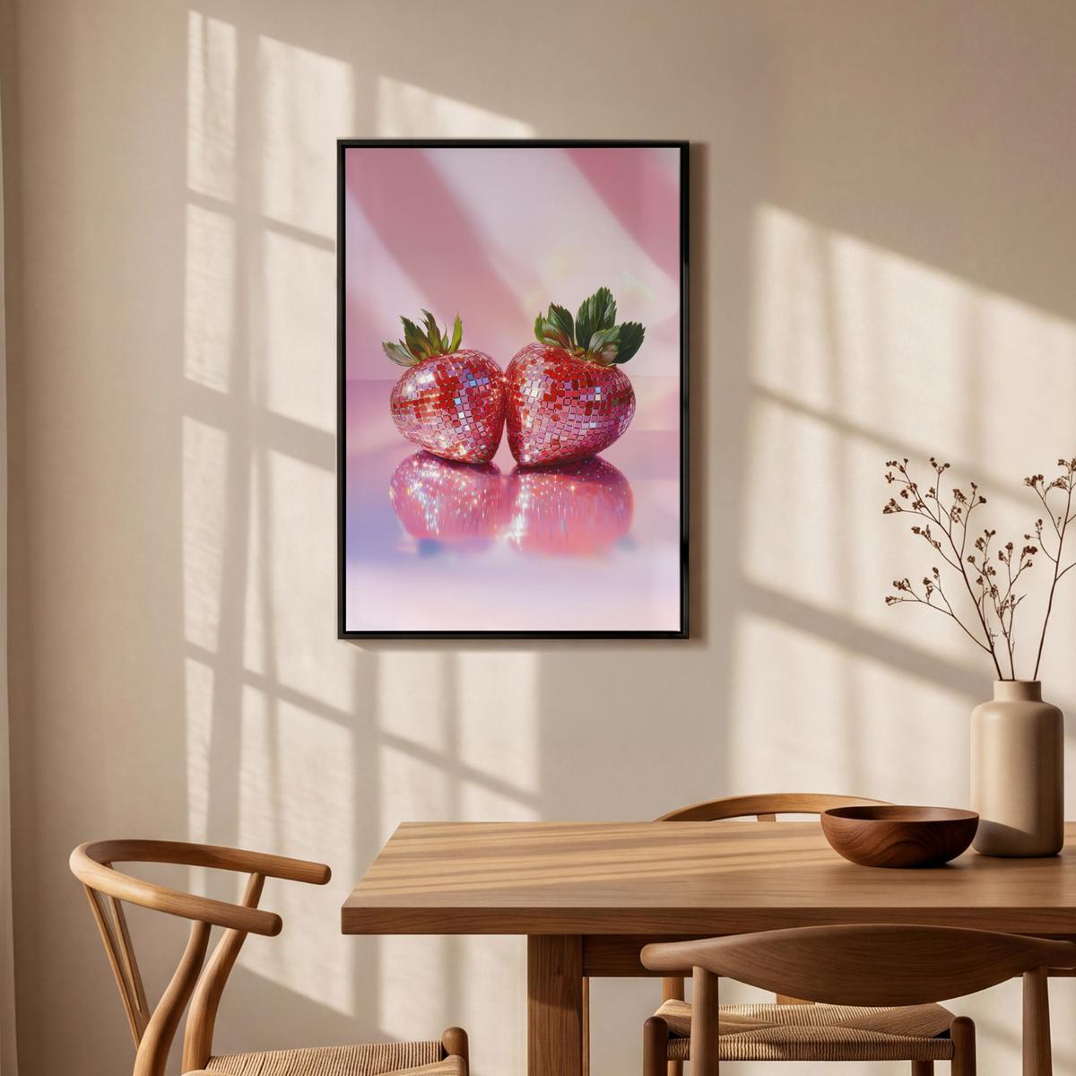 LEINWAND Bilder mit Rahmen - Disco - Obst - Glitzer - Erdbeere - 60x90 - Pink, Textil (60/90cm) - MuchoWow