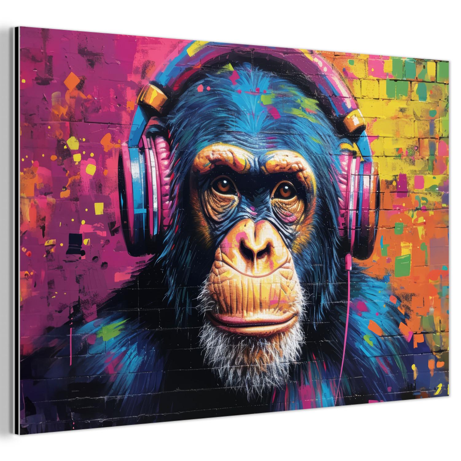 METALLBILD Graffiti - Schimpanse - Straßenkunst - Kopfhörer - Affe Wanddeko 90x60 cm - Blau, Metall (90/60cm) - MuchoWow