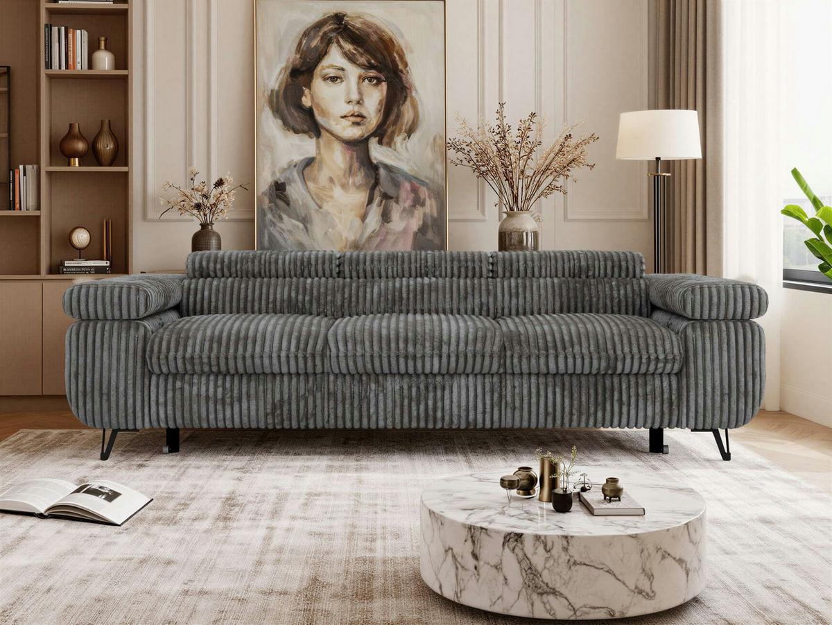 3-SITZER SOFA PETER mit Schlaffunktion - Grau Cord - Schwarz/Grau, Textil/Metall (262/76/99cm) - MKS