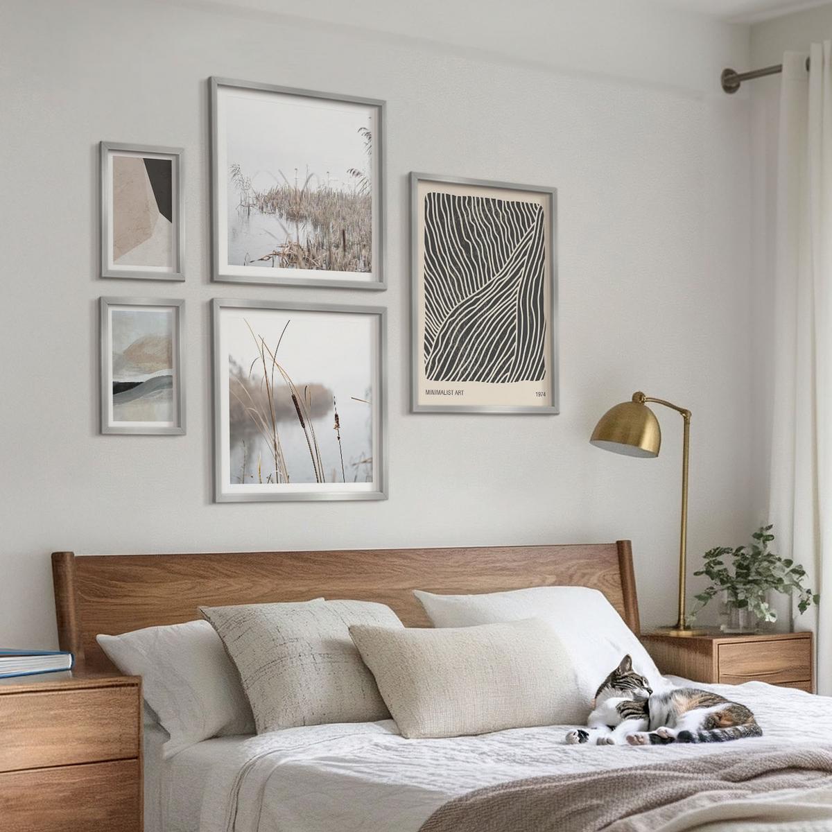 BILDER SET 5er Set - 50x50 cm & 20x30 cm & 40x60 cm Silberner Rahmen - Abstrakte Boho-Dekorationsmuster - Silberfarben, Kunststoff (40/60cm) - TULUP