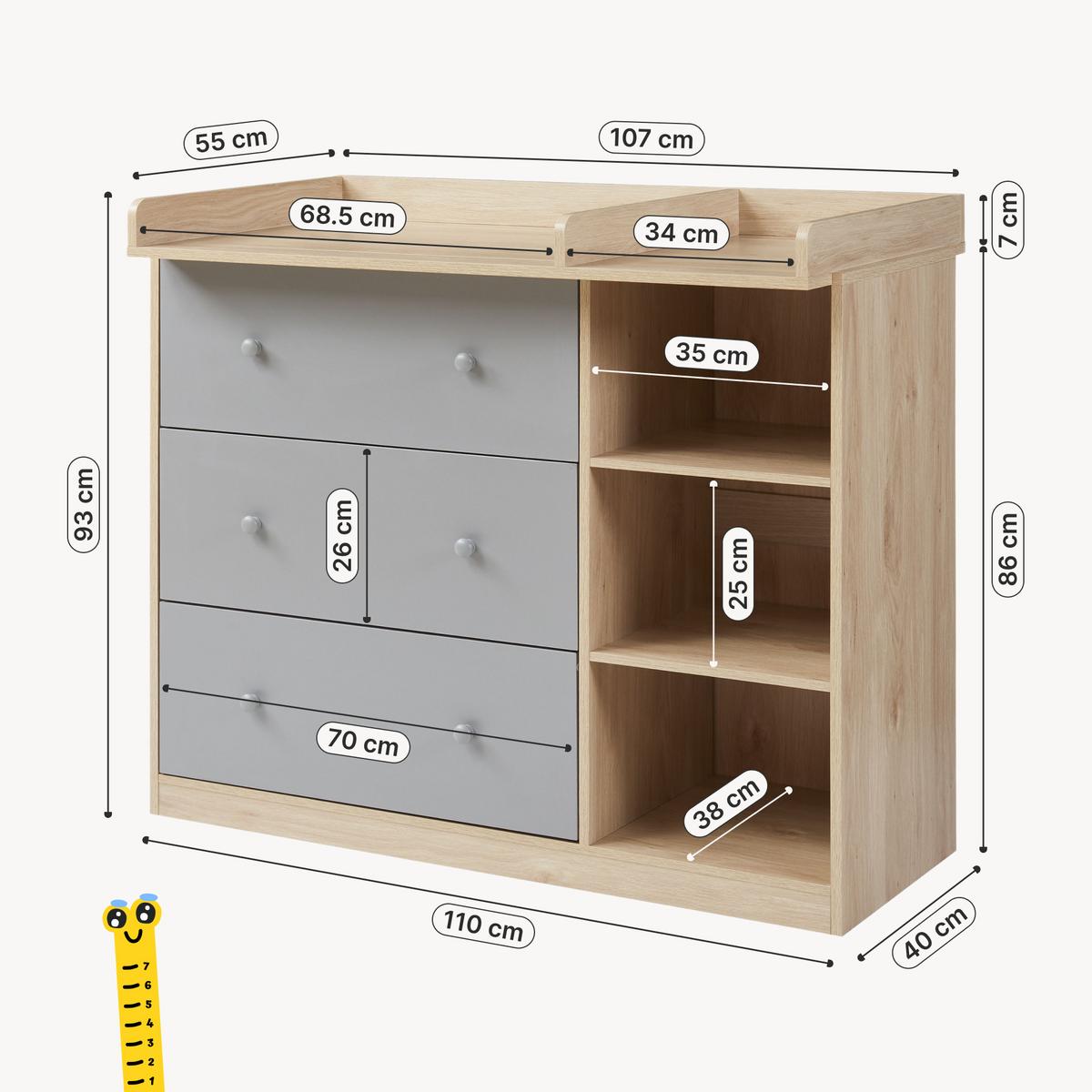WICKELKOMMODE Beldinupp - Eichefarben/Grau, Holzwerkstoff (55/93/110cm) - [en.casa]