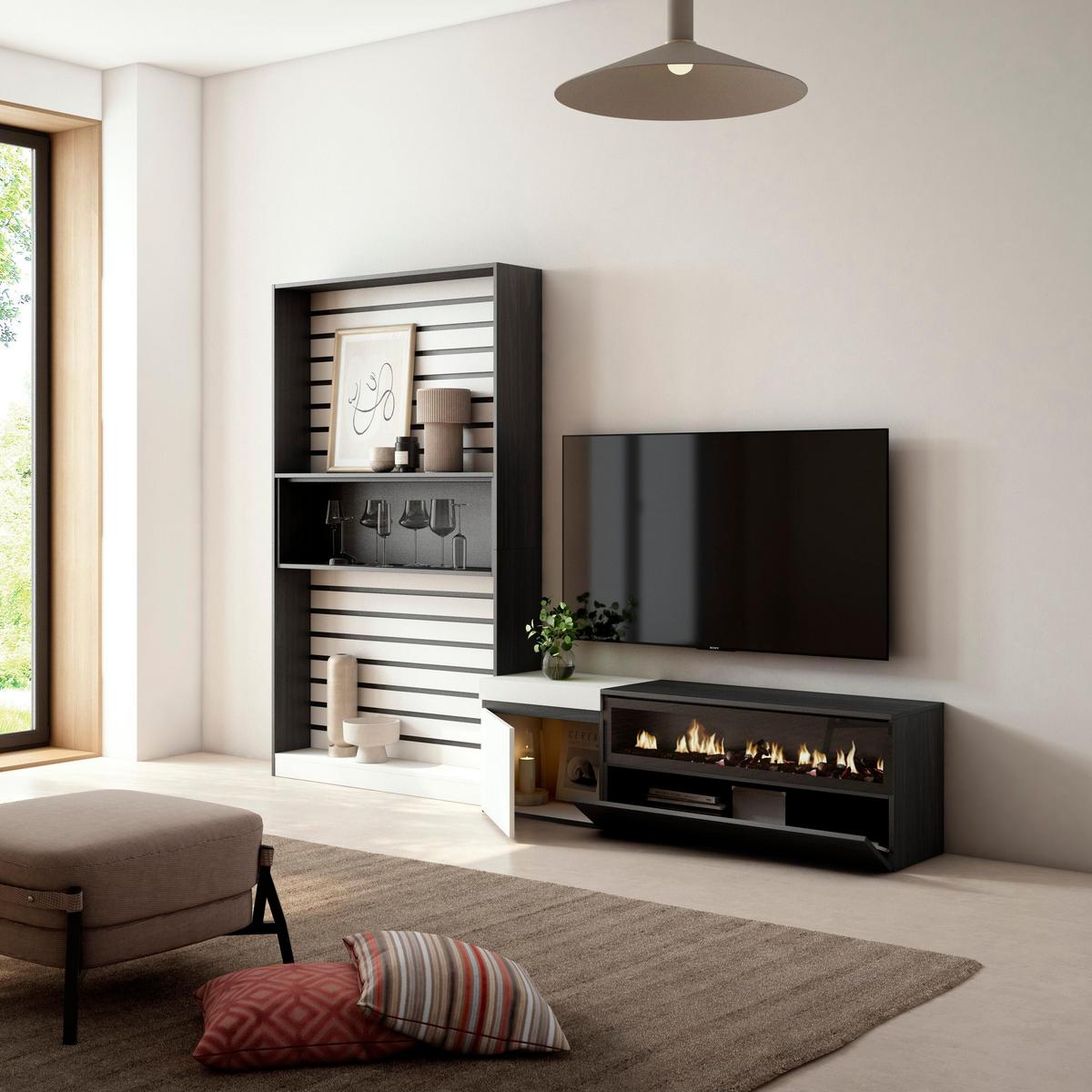 WOHNWAND Elektrokamin, weiß, schwarz, 260/35/186cm - Multicolor/Schwarz, Holzwerkstoff (260/186/35cm) - Skraut Home