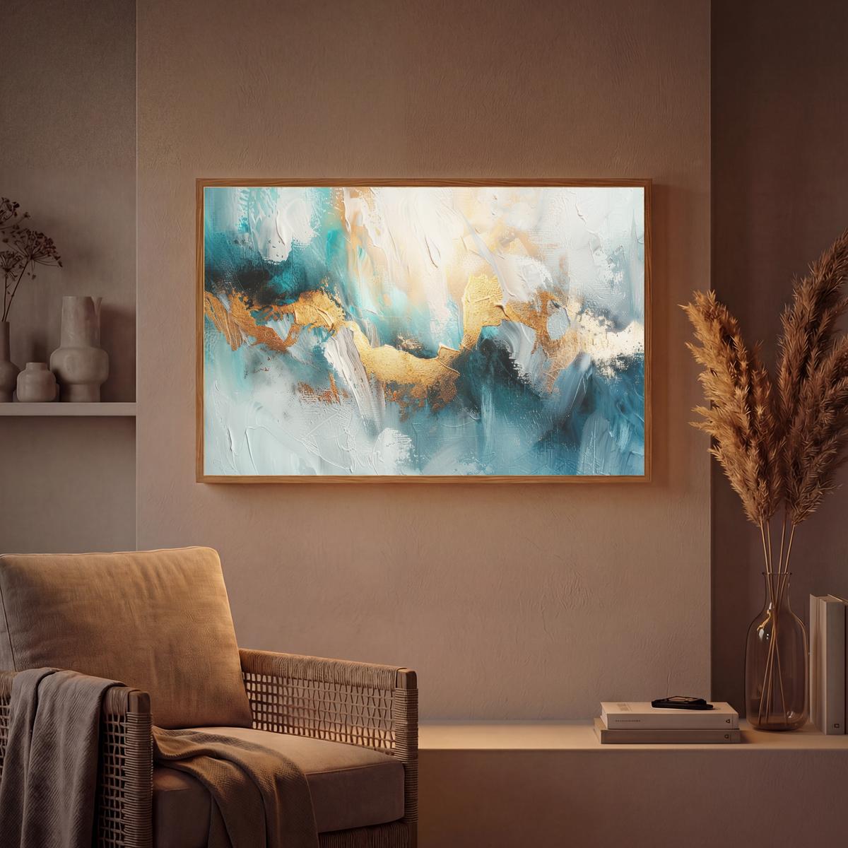WANDLEUCHTE MIT AKKU Abstrakt - Kunst - Gold - Blau 90x60 cm - Türkis, Holzwerkstoff (90/60/8cm) - OnlyWow
