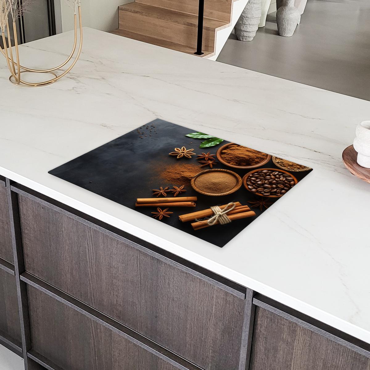 HERDABDECKPLATTE Zimt - Beton - Kaffee - Zimtstangen - Gewürze Herdabdeckung Induktionsfeld 70x52 cm - Mokka, Kunststoff (70/52/0.2cm) - MuchoWow