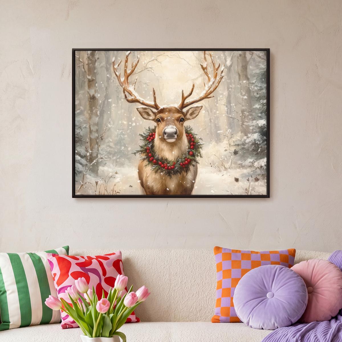 LEINWAND Bilder mit Rahmen - Weihnachten - Rentier - Winter - Kranz - 80x60 - Naturfarben, Textil (80/60cm) - MuchoWow