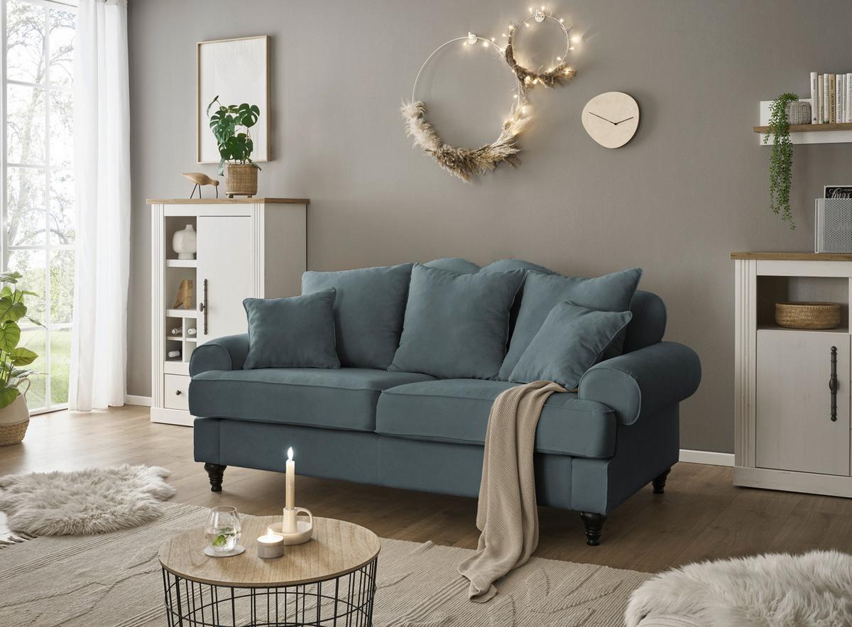 SOFA grau Landhaus, Couch 3-Sitzer 200 cm - Grau, Holz/Textil (200/95/100cm) - Furn.Design