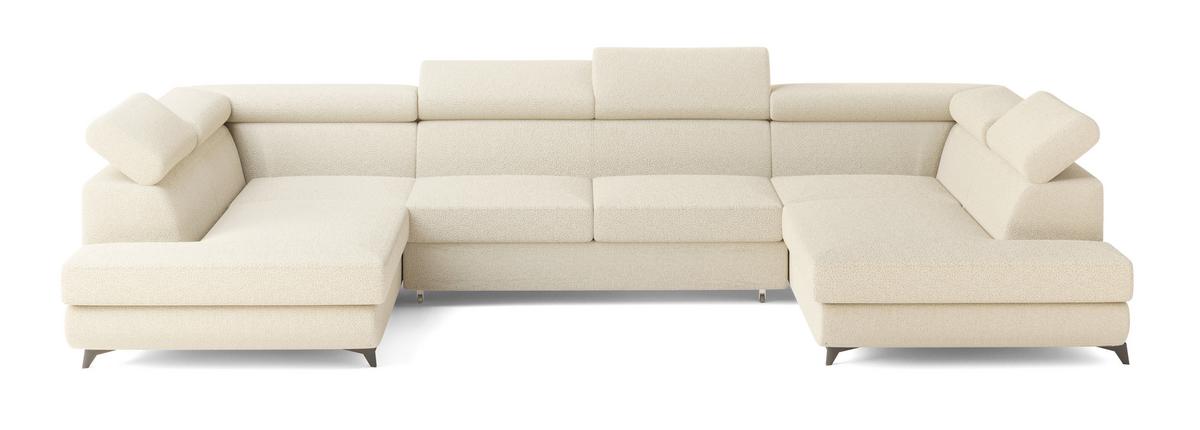 WOHNLANDSCHAFT VINTESSA Creme Boucle-Stoff mit Schlaffunktion - Creme, Holz (323/89/190cm) - MASSENO