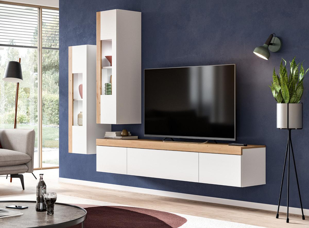 VITRINE weiß und Eiche 30 x 110 cm, Vitrinenschrank stehend/hängend - Schwarz/Weiß, Glas/Holzwerkstoff (30/112/33cm) - Inn.Furn