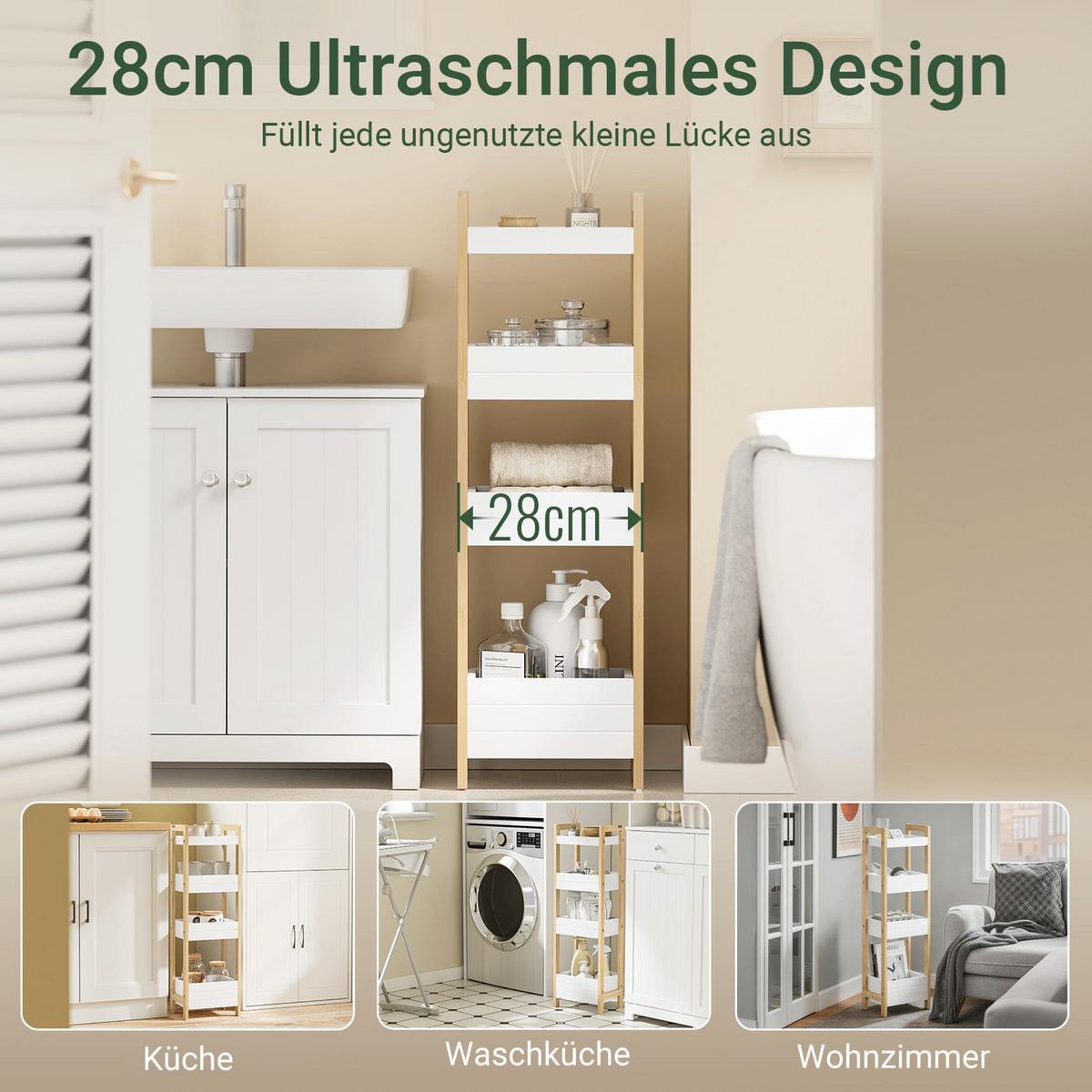 BADEZIMMERSCHRANK Schmal mit 4 Stabilen Regalen 90x28x20cm - Weiß, Holzwerkstoff (28/90/20cm) - SoBuy