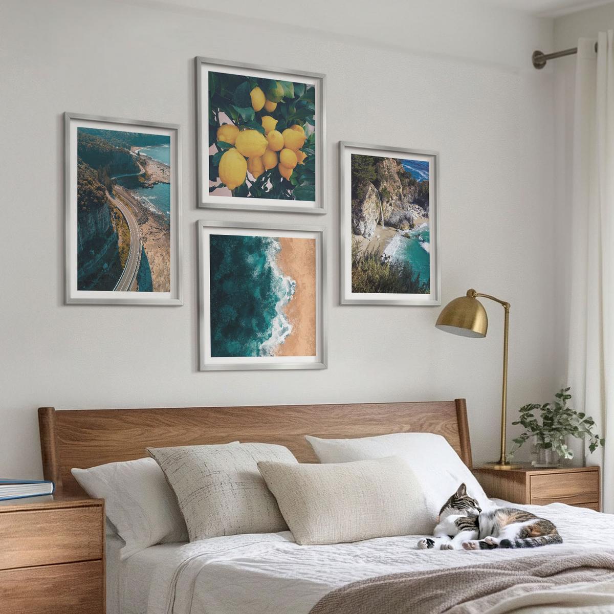 BILDER SET 4er Set - 50x50 cm & 40x60 cm Silberner Rahmen - Meerstrand Zitronen Berge - Silberfarben, Kunststoff (50/50cm) - TULUP
