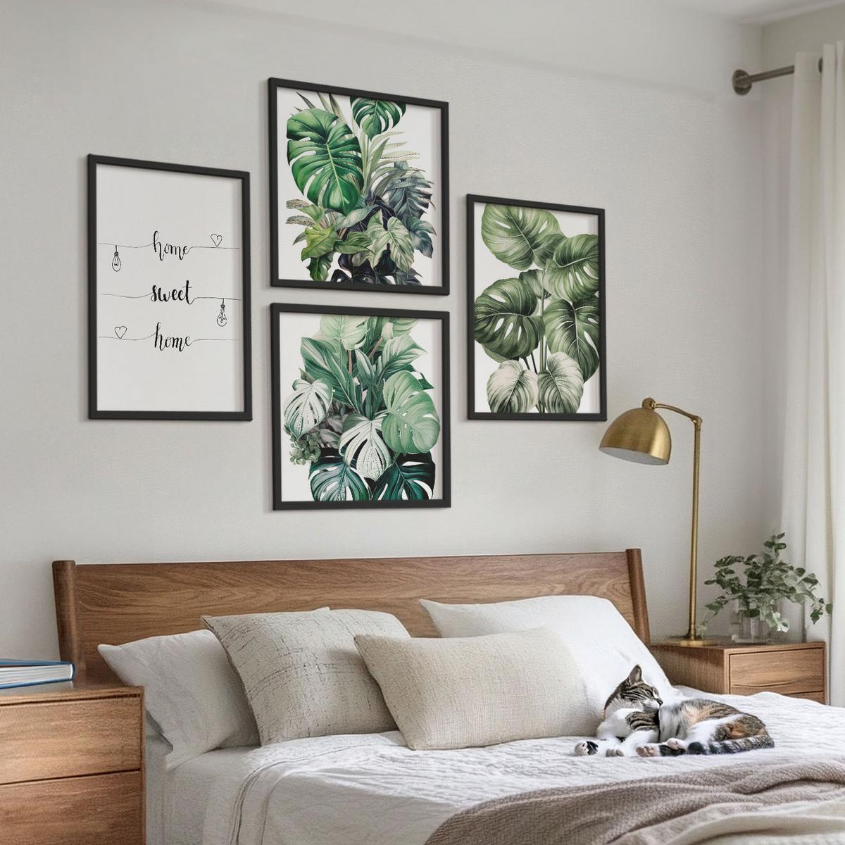 BILDER SET 4er Set - 50x50 cm & 40x60 cm Schwarzer Rahmen - Aquarell-Monstera-Blätter - Schwarz, Kunststoff (50/50cm) - TULUP