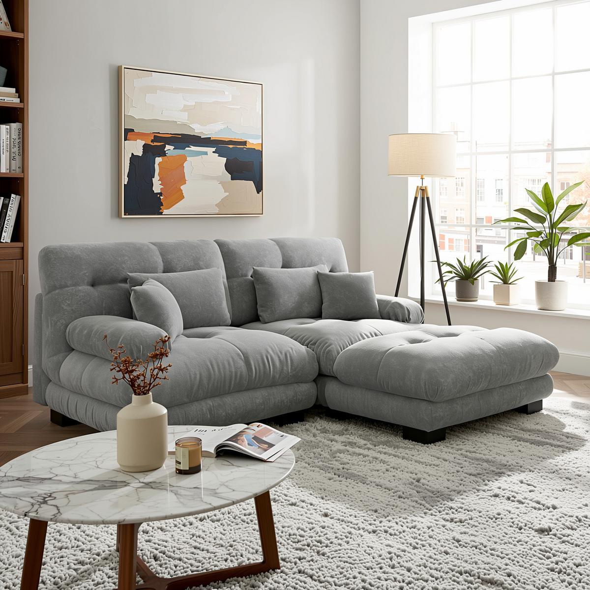 ECKSOFA chenille grau mit ottoman & 4 kissen - Grau, Textil (220/145cm) - Urban Meuble