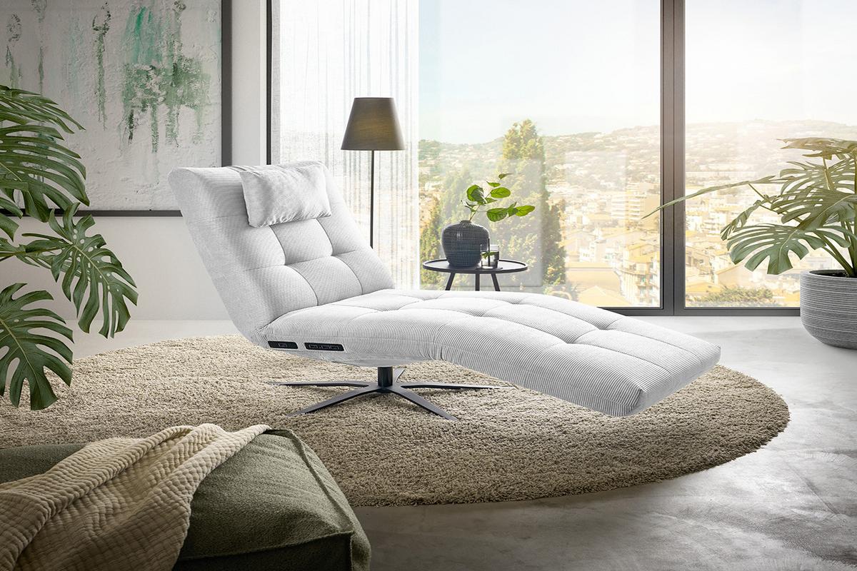 RELAXLIEGE LETICIA Weiß Cord Drehbar (360°), Relaxfunktion - Schwarz/Weiß, Textil/Metall (82/115/156cm) - KAWOLA