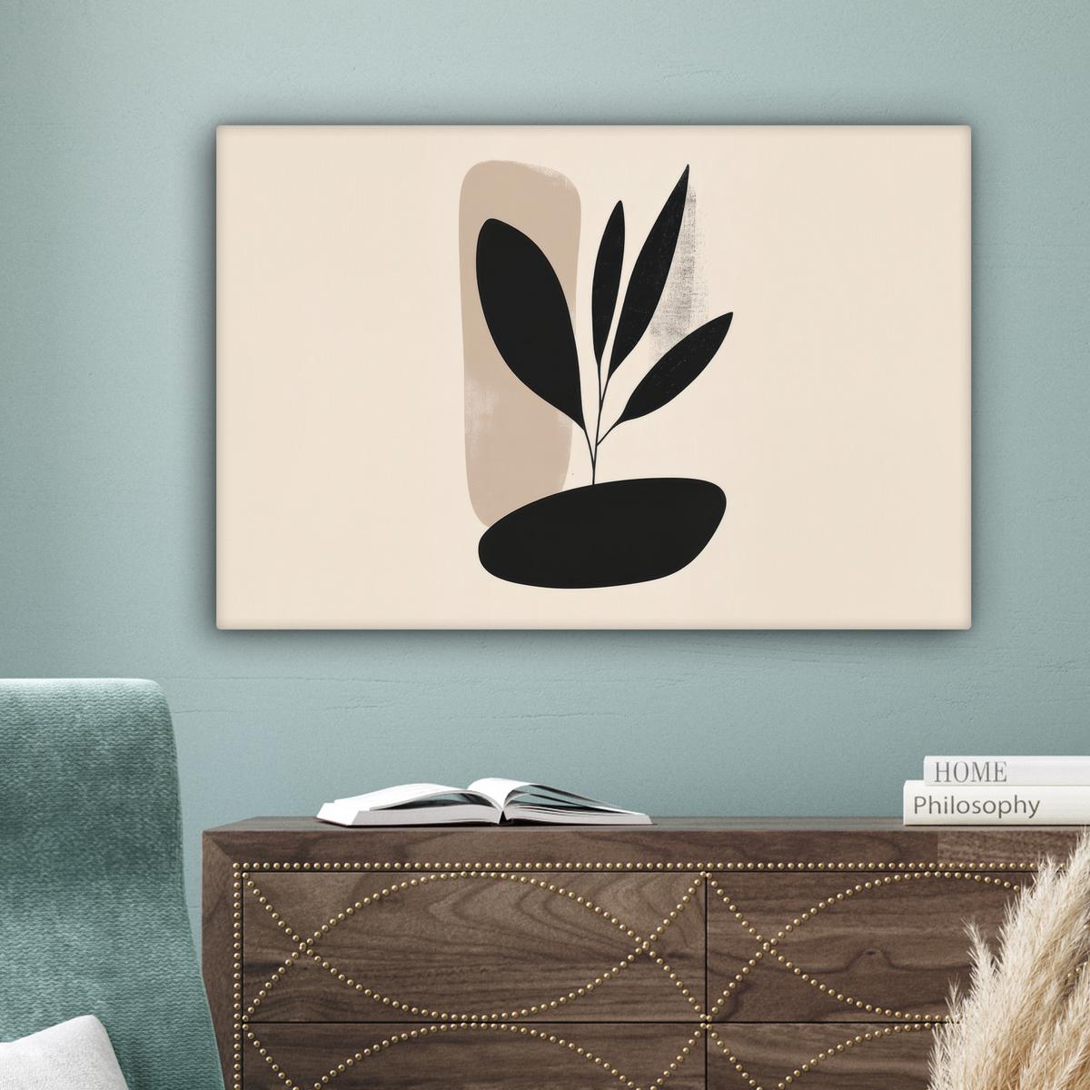 LEINWANDBILD Pflanze - Beige - Japanisch Gemälde 60x40 cm - Schwarz, Textil (60/40cm) - MuchoWow