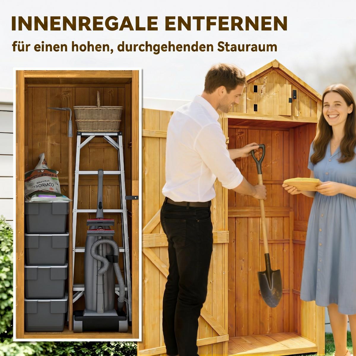 GARTENSCHRANK Geräteschuppen, mit Fachböden, Asphaltdach, Fenster, Holz, Gelb+Grün - Braun, Holz (54.2/179/77cm) - Outsunny