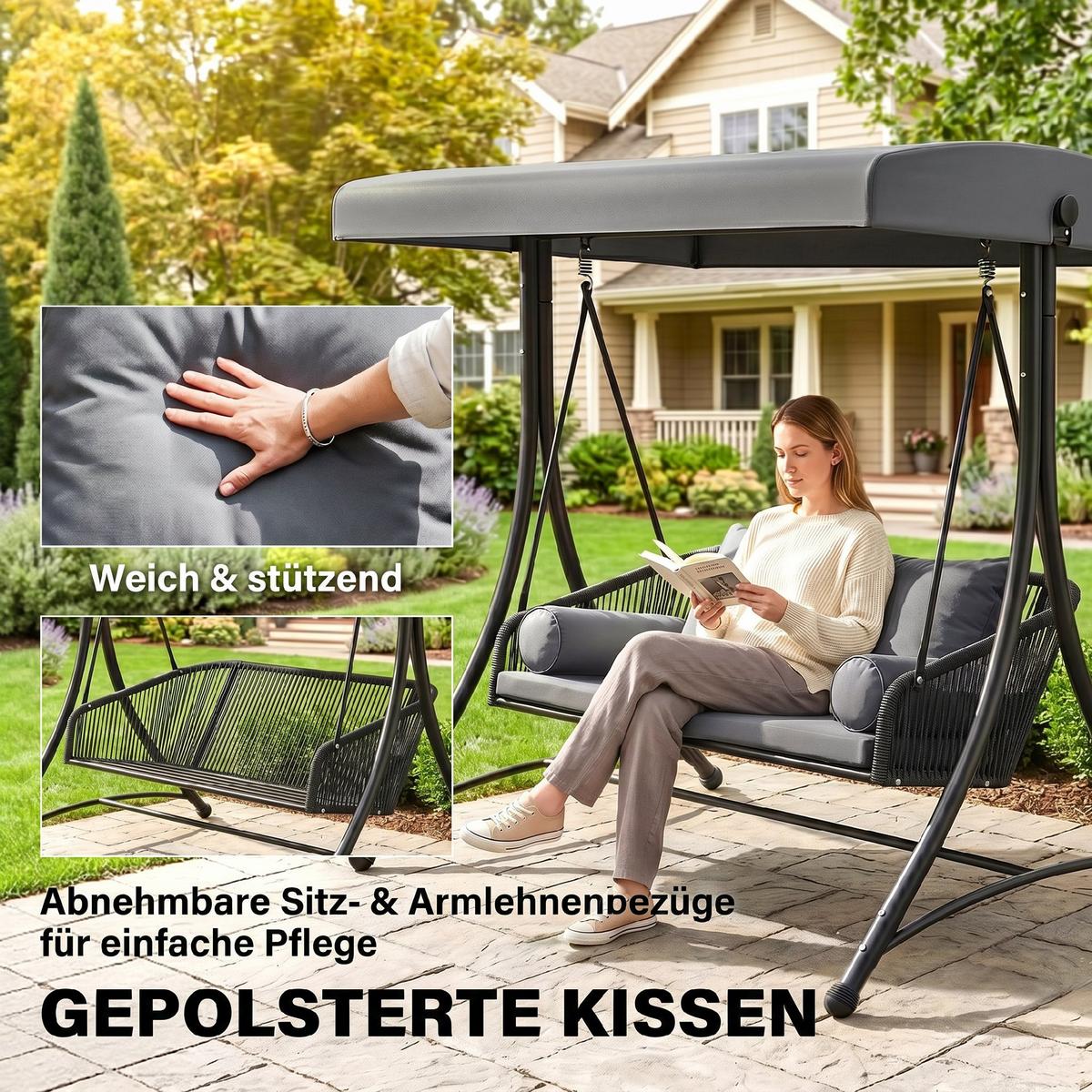 RATTAN-SCHAUKEL Metall Dunkelgrau - Dunkelgrau/Schwarz, Textil/Metall (120/172/178cm) - Outsunny