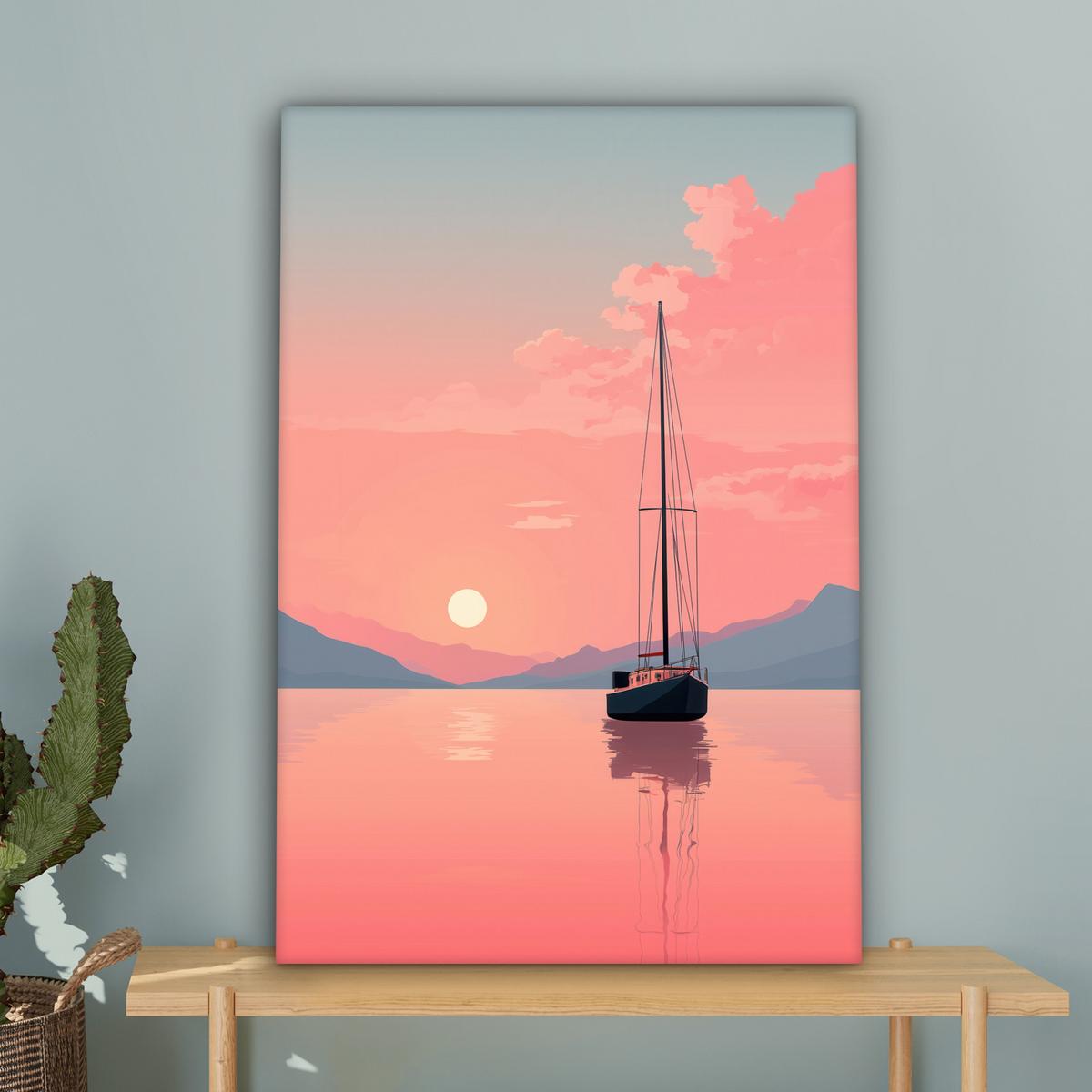 LEINWANDBILD Segelboot - Rosa Meer - Sonnenuntergang - Berge Wanddeko 40x60 cm - Rosa, Textil (40/60cm) - MuchoWow
