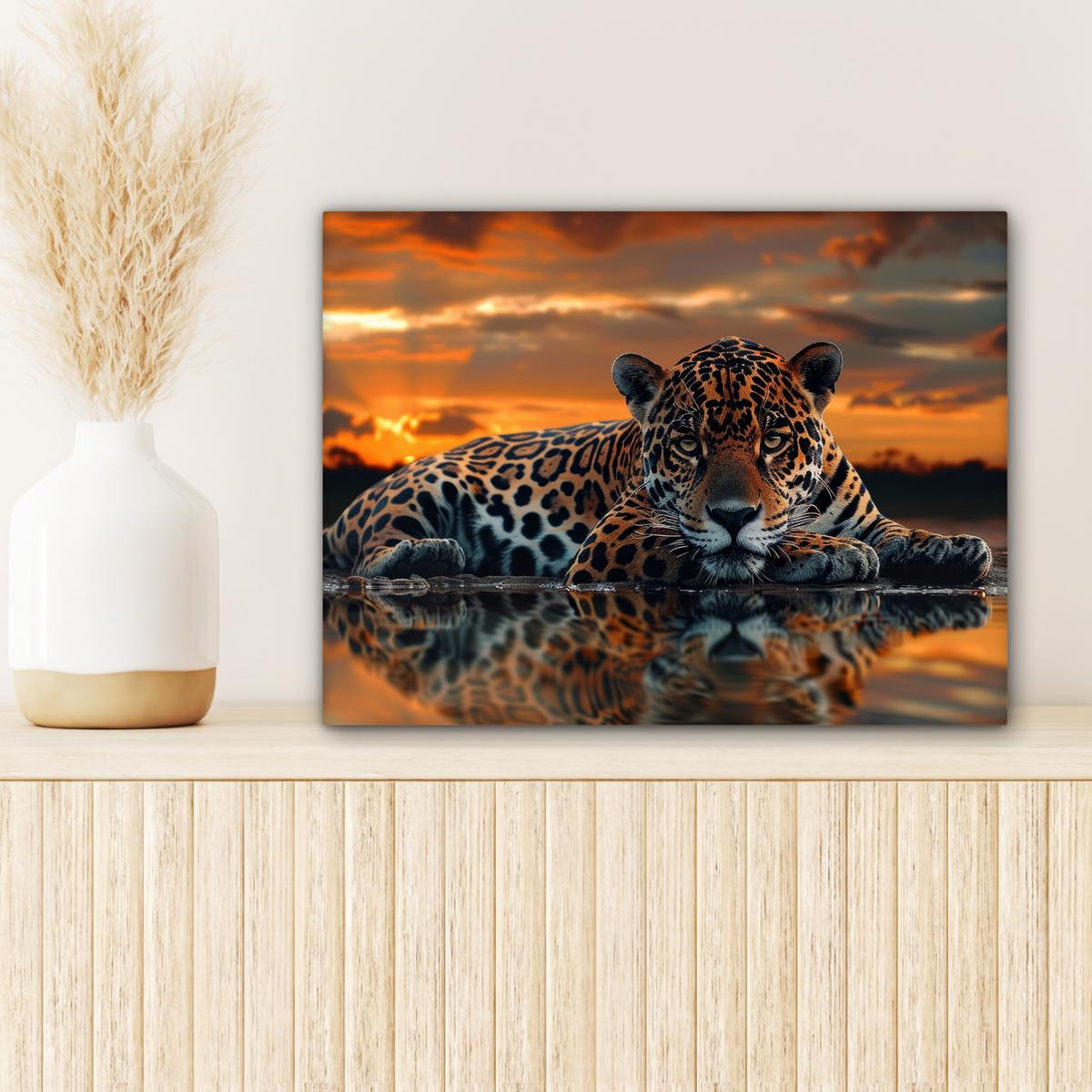 LEINWANDBILD Natur - Leopard - Tier - Sonnenuntergang - Modern Wandbild 40x30 cm - Orange, Textil (40/30cm) - MuchoWow
