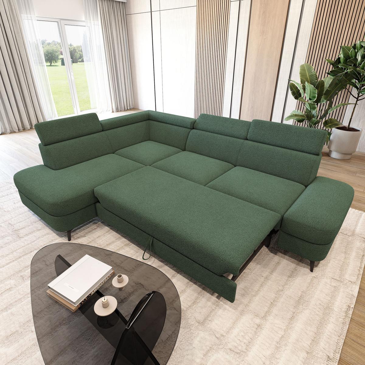 ECKSOFA AVISE Q L-S Grün Boucle-Stoff mit Schlaffunktion - Grün, Holzwerkstoff/Textil (268/195cm) - MASSENO
