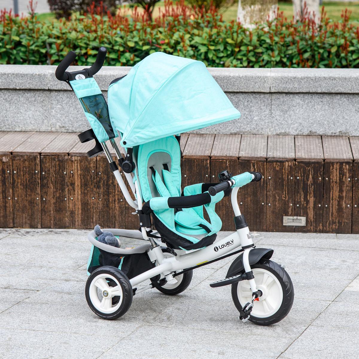 6-IN-1 Dreirad mit Schubstange, Kinderdreirad mit abnehmbarem Sonnendach Grün - Grün, Metall (102/49/102cm) - HOMCOM