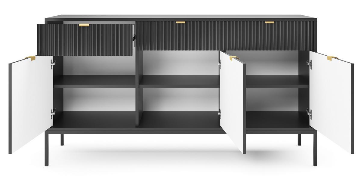 SIDEBOARD Eternas 3T 3S Schwarz 154/83/39 cm – schwarze Füße, mit geriffelten Fronten - Schwarz, Holzwerkstoff (154/83/39cm) - AX Living
