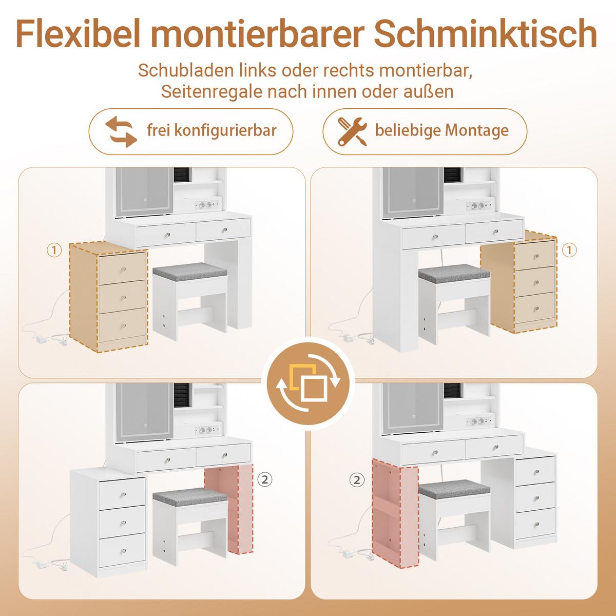 SCHMINKTISCH mit Spiegel (3 einstellbaren Lichtfarben) und Hocker 120x40x127cm - Weiß, Holzwerkstoff (120/127/40cm) - SoBuy