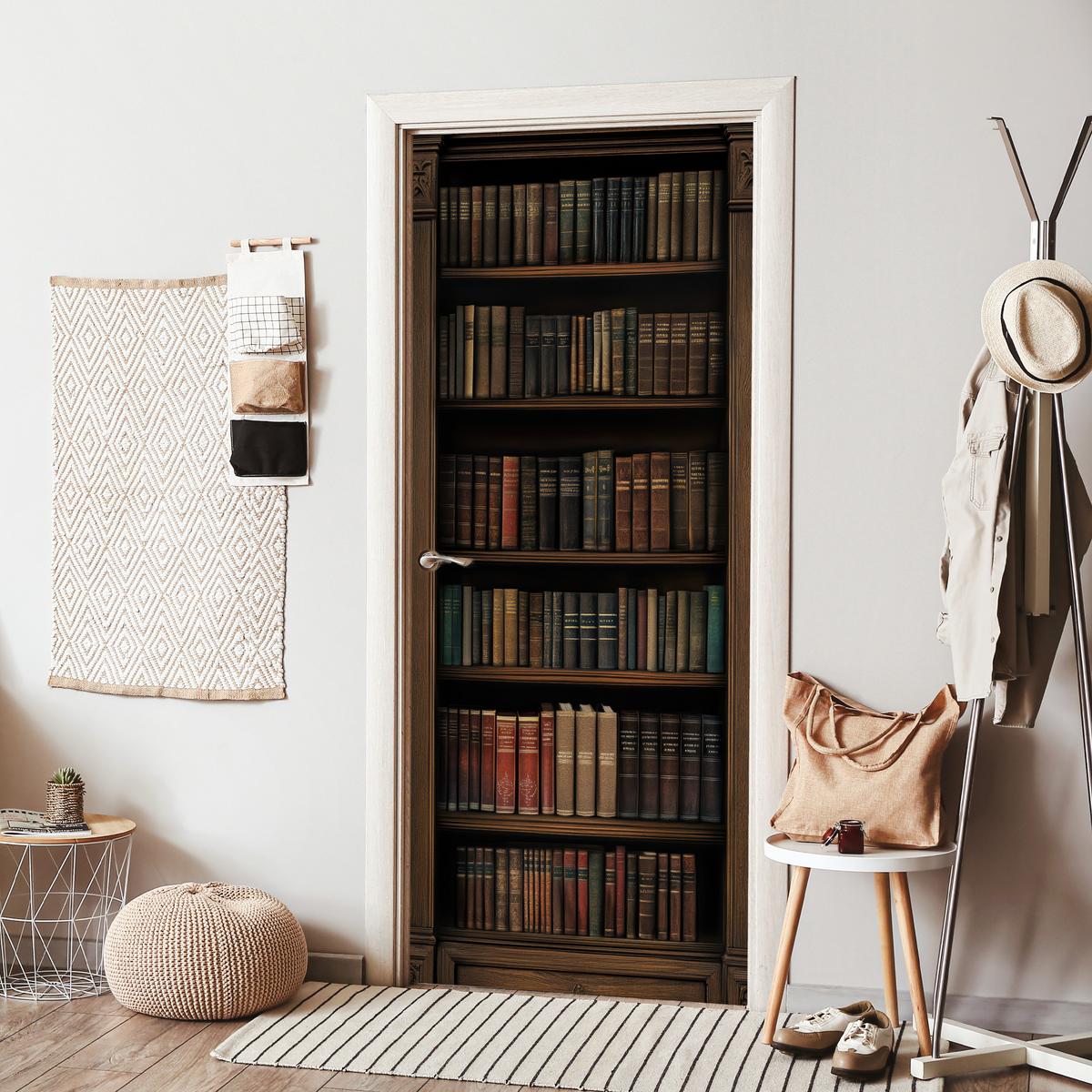 TÜRAUFKLEBER Bücherregal - Vintage - Braun 90x215 cm - Türtapete - Nussbaumfarben, Kunststoff (90/0.1cm) - MuchoWow