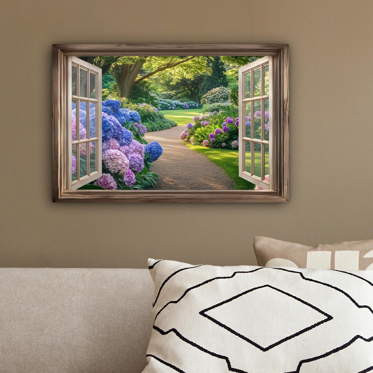 LEINWANDBILD Aussicht - Garten - Fenster - Hortensie - Blumen Deko Schlafzimmer 30x20 cm - Pastellblau, Textil (30/20cm) - MuchoWow