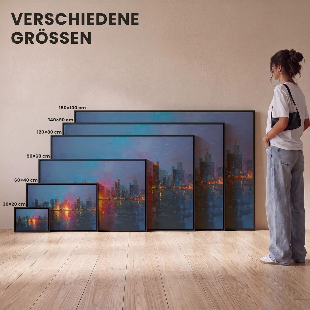LEINWAND Bilder mit Rahmen - Skyline - Pinselstriche - Dunkelblau - Leuchtend - 30x20 - Blau, Textil (30/20cm) - MuchoWow