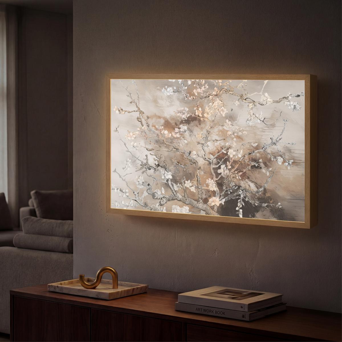 WANDLEUCHTE MIT AKKU Mandelblüte - Kunst - Van Gogh - Beige - Abstrakt 60x40 cm - Graubraun, Holzwerkstoff (60/40/8cm) - OnlyWow