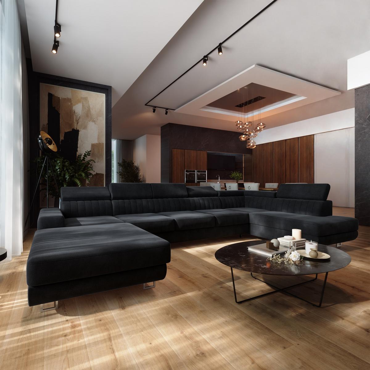 WOHNLANDSCHAFT GAIAN Schwarz Velours-Stoff mit Schlaffunktion - Schwarz, Holz (412/88/190cm) - MASSENO