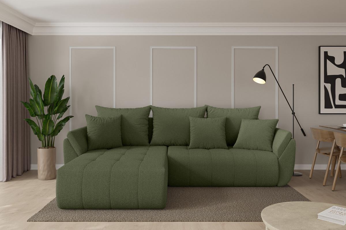 ECKSOFA mit Schlaffunktion Ottomane Links TOKO-L 277x194x86 Grün Bouclé - Schwarz/Olivgrün, Holzwerkstoff/Kunststoff (277/194cm) - ALTDECOR
