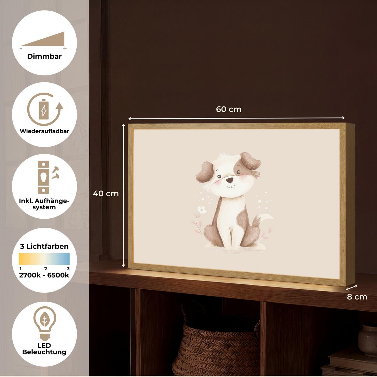 WANDLEUCHTE MIT AKKU Hund - Gefleckt - Braun 60x40 cm - Beige, Holzwerkstoff (60/40/8cm) - OnlyWow
