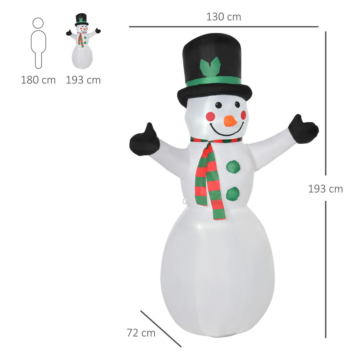 WEIHNACHTSSCHNEEMANN aufblasbarer Schneemann mit 2 Modulleuchten Weiß - Weiß, Kunststoff (72/193/130cm) - HOMCOM