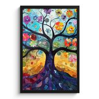 POSTER MIT RAHMEN Kunst - Baum des Lebens - Blumen - Hippie Bilder mit Rahmen 40x60 cm - Dunkelblau, Papier (40/60cm) - MuchoWow