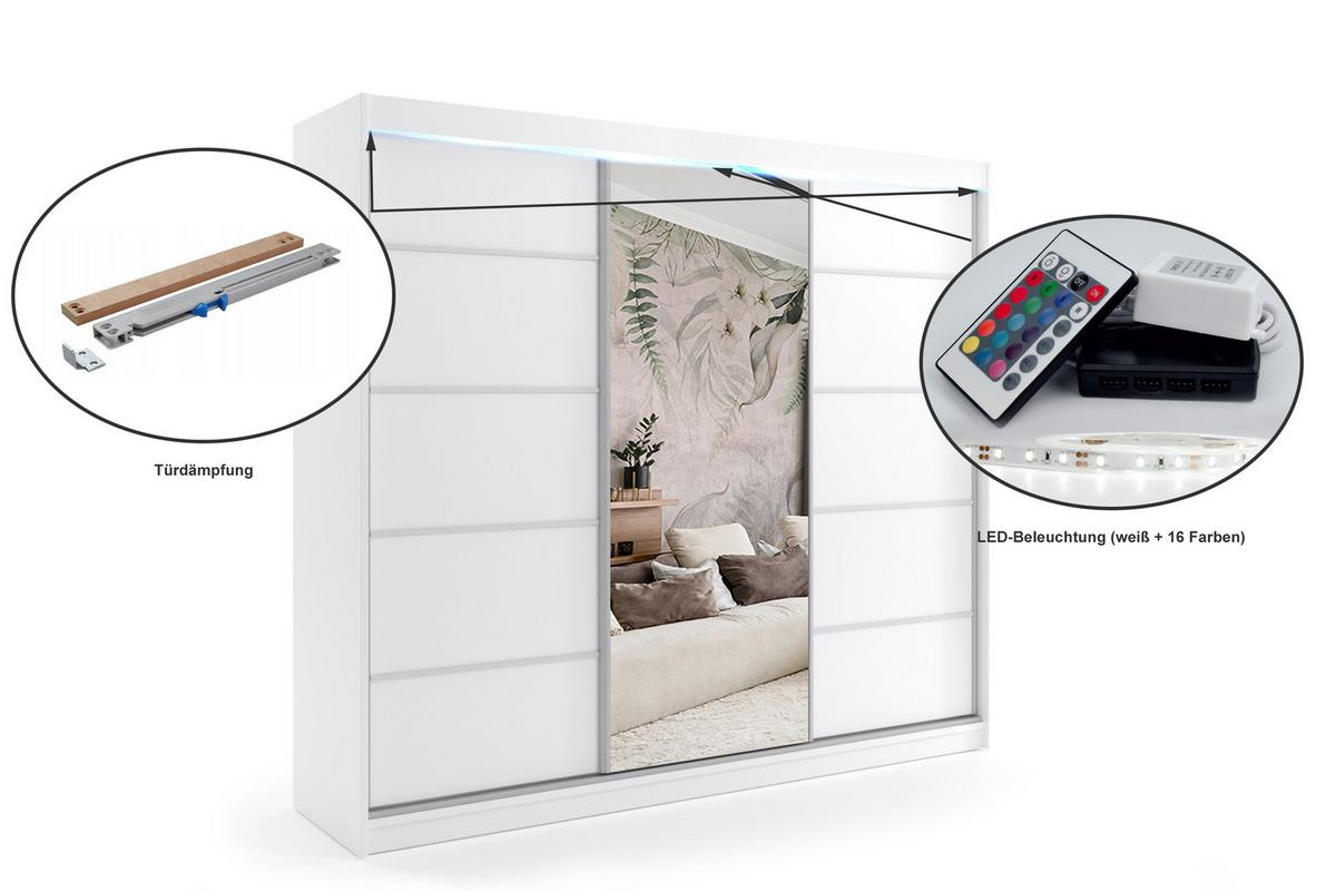 KLEIDERSCHRANK mit Spiegel-Schiebetüren und Aluminium-Leisten, LED-Beleuchtung - MAKI - 180 cm Weiß - Weiß, Holzwerkstoff (180/216/61cm) - ALTDECOR