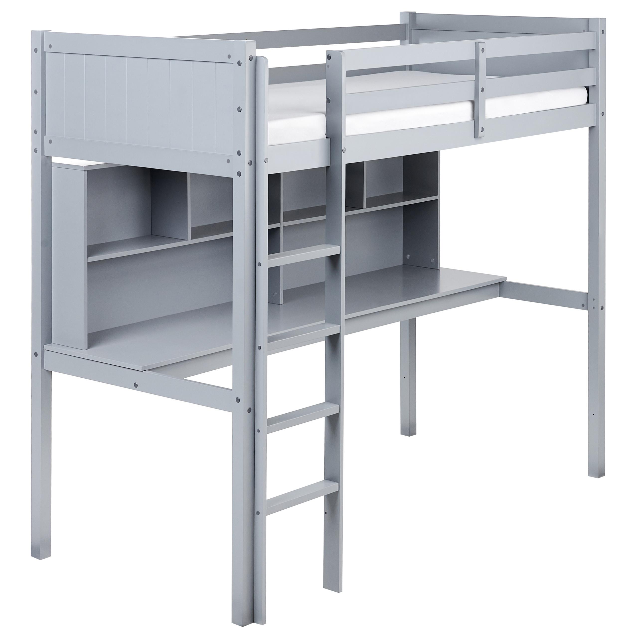 HOCHBETT MIT SCHREIBTISCH 90x200 cm Grau Foucamont - Grau, Holz (90/200cm) - Beliani