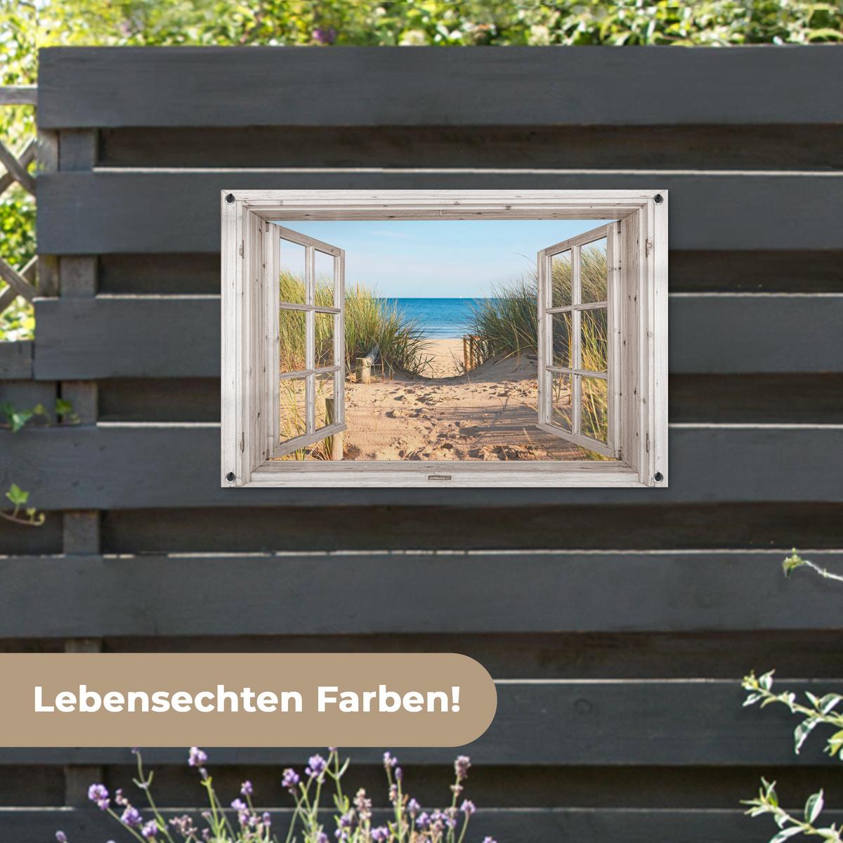 GARTENPOSTER Durchblick - Strand - Meer - Dünen - Sand - Wasser - Hochgras Gartendeko 90x60 cm - Sandfarben, Kunststoff (90/60/0.2cm) - OnlyWow