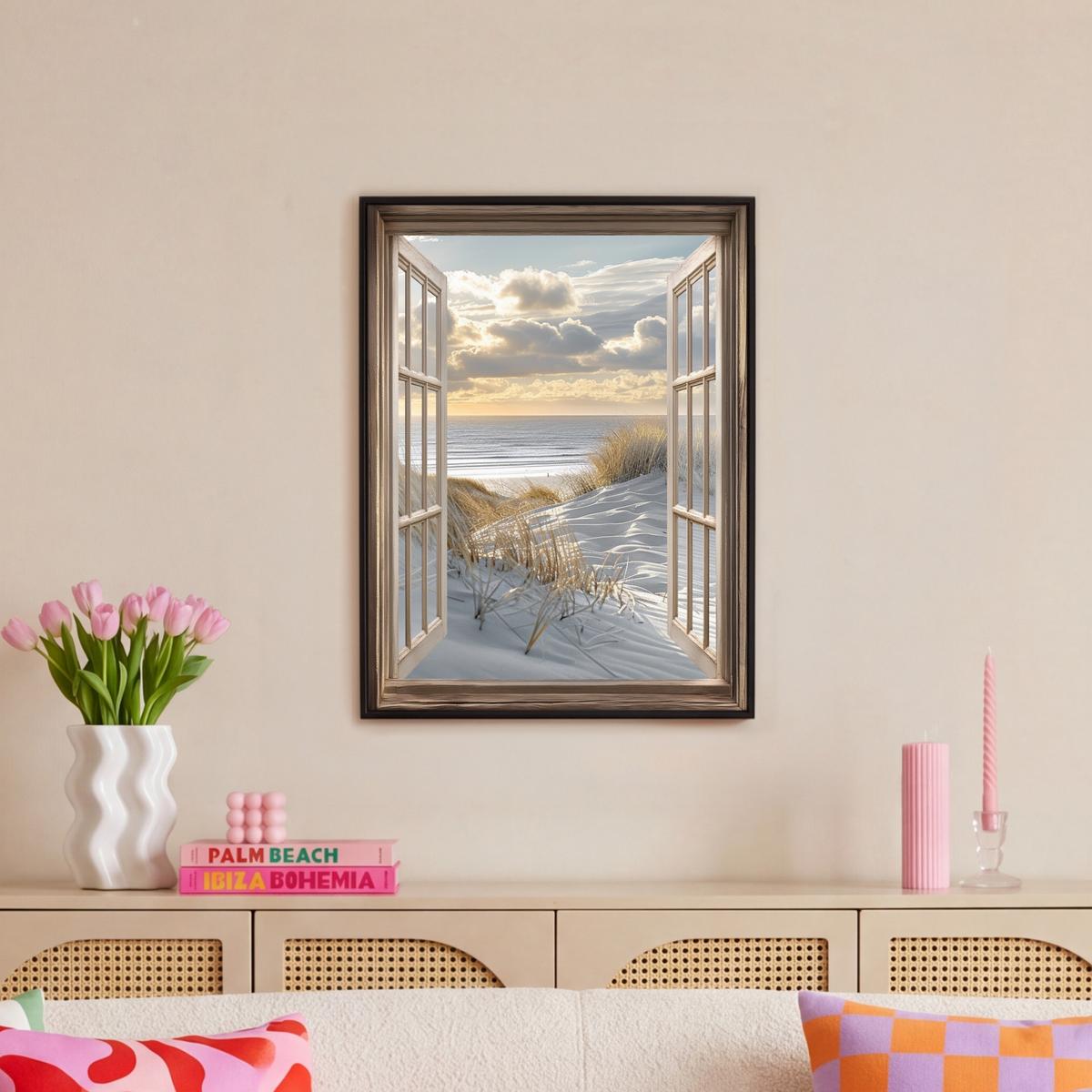 LEINWAND Bilder mit Rahmen - Ausblick - Strand - Dünen - Meer - Natur - 50x70 - Sandfarben, Textil (50/70cm) - MuchoWow