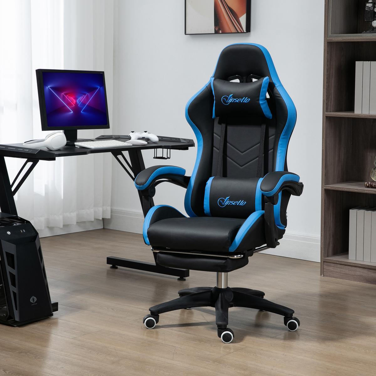 GAMING Stuhl, Kunstleder, Schwarz+Blau - Multicolor, Leder (65/129/65cm) - Vinsetto