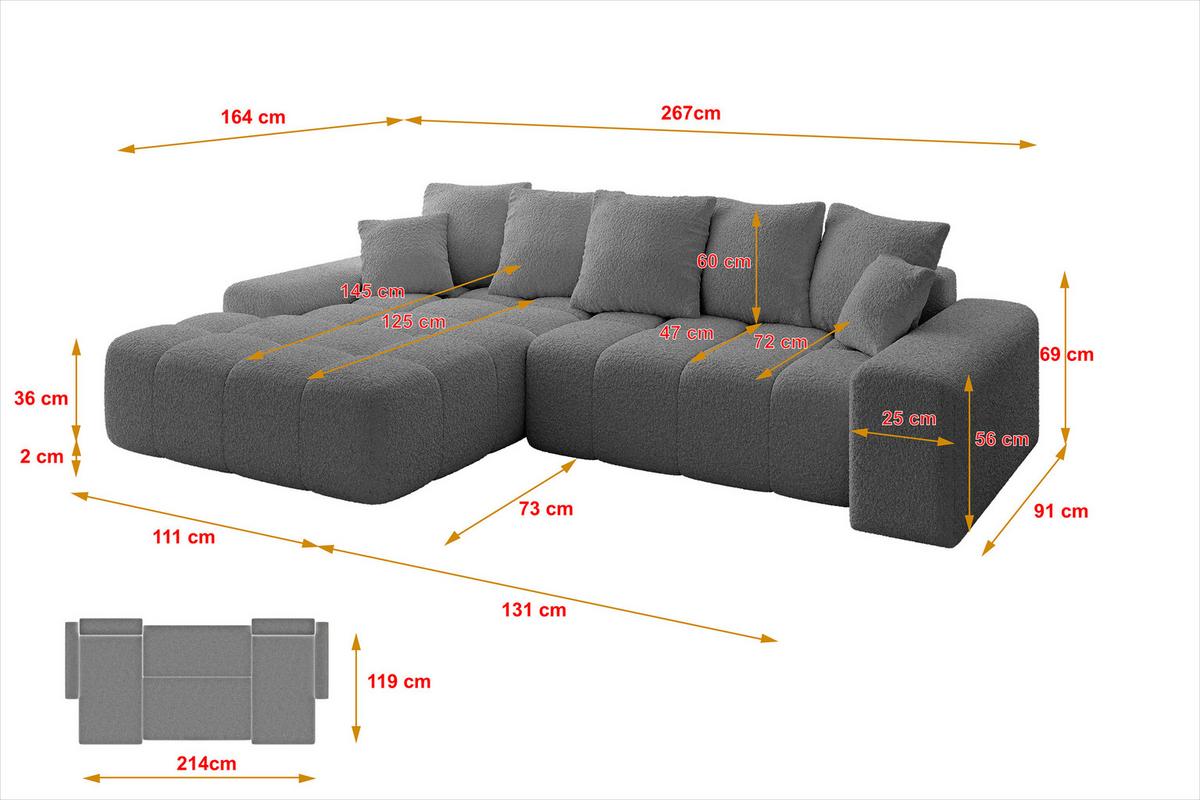 ECKSOFA Ottomane Links ENSI-L - 267x164x69 cm Platinfarben - Platinfarben, Holzwerkstoff/Kunststoff (267/164cm) - ALTDECOR