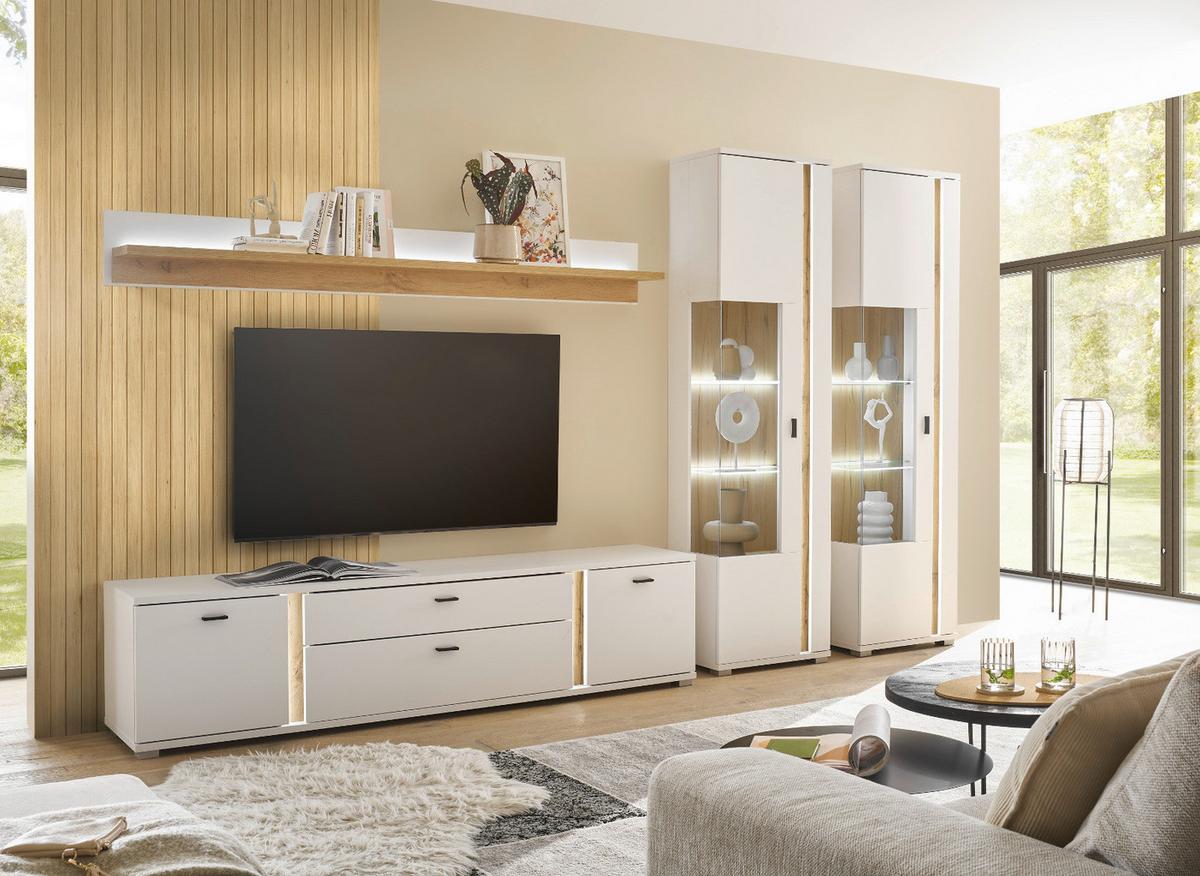 VITRINE weiß matt, Eiche Wotan 55 x 200 cm, Vitrinenschrank inklusive Frontbeleuchtung - Eiche Wotan/Silberfarben, Glas/Holzwerkstoff (55/200/35cm) - Furn.Design