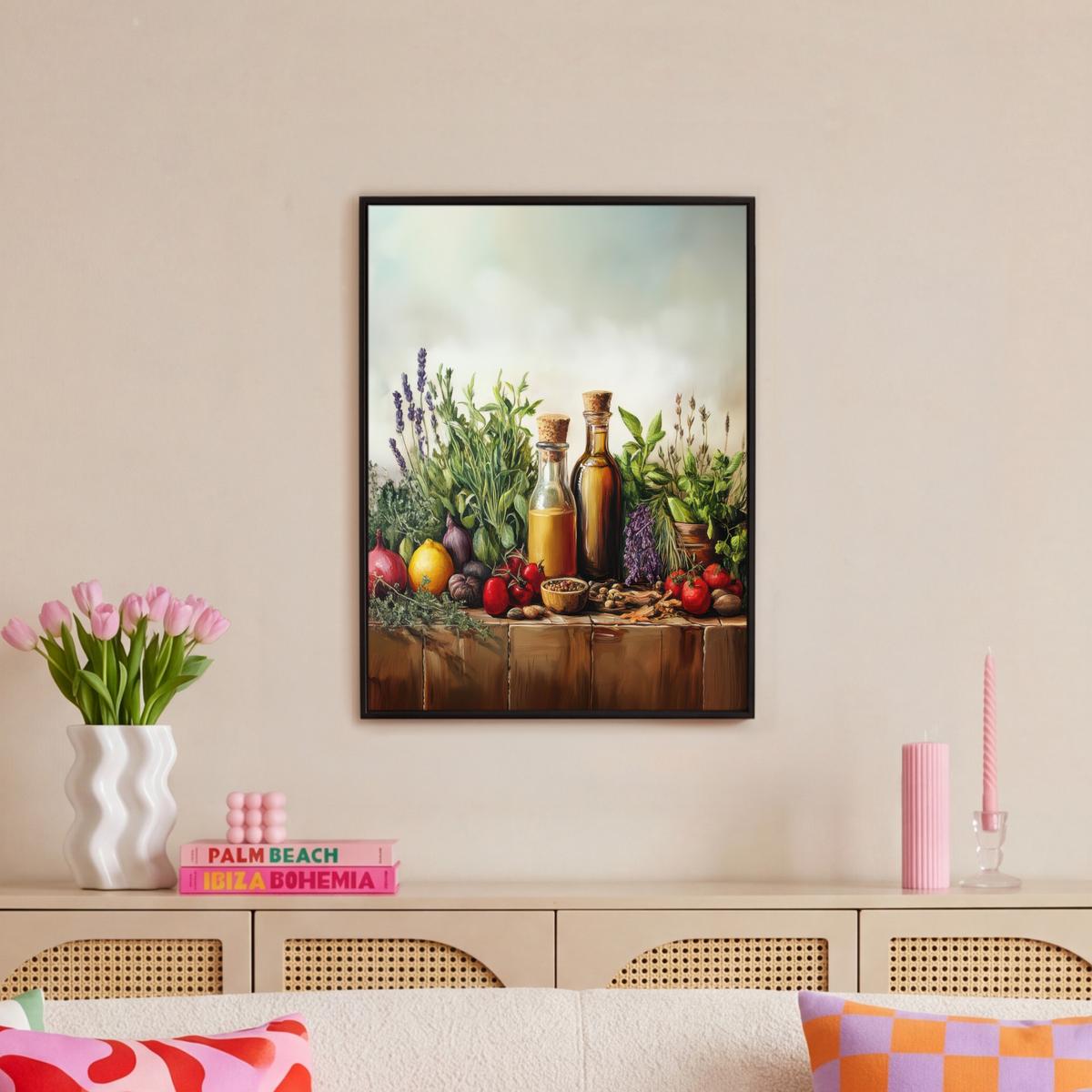 LEINWAND Bilder mit Rahmen - Stilleben - Kräuter - Gewürze - Früchte - Farbenfroh - 60x80 - Grün, Textil (60/80cm) - MuchoWow
