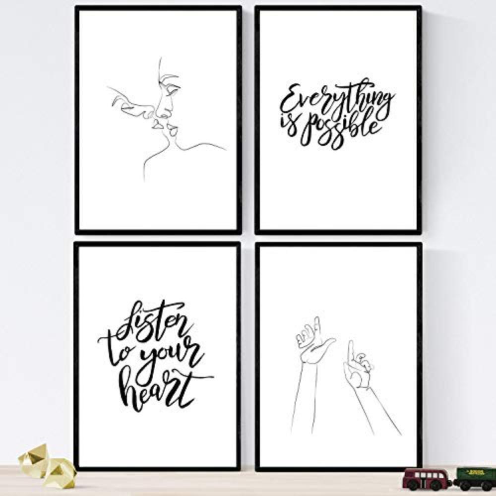POSTER Set mit 4 ‚Hör auf dein Herz‘ A3 Schwarzer Rahmen - Schwarz, Papier (29.7/3cm) - Nacnic